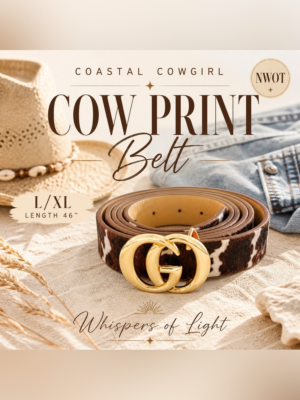 noir Cow Print Belt Gold GG Style Buckle Brown Western Boho Statement L/XL NWOT